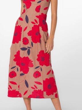 Velvet Heart Strapless Midi Dress in Red Floral on Beige